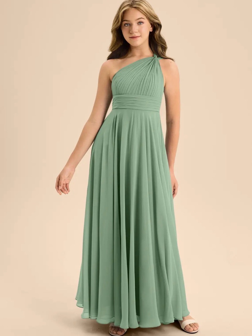 Azazie Sage Green One-Shoulder Pleated Maxi Dress
